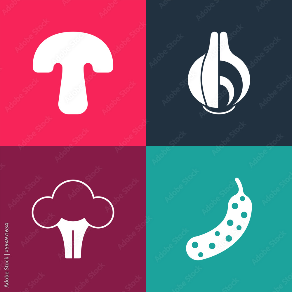 Set pop art Fresh cucumber, Broccoli, Onion and Mushroom icon. Vector