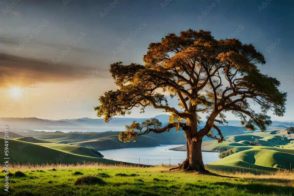 A tree in the mountain and a lake reflecting the sky