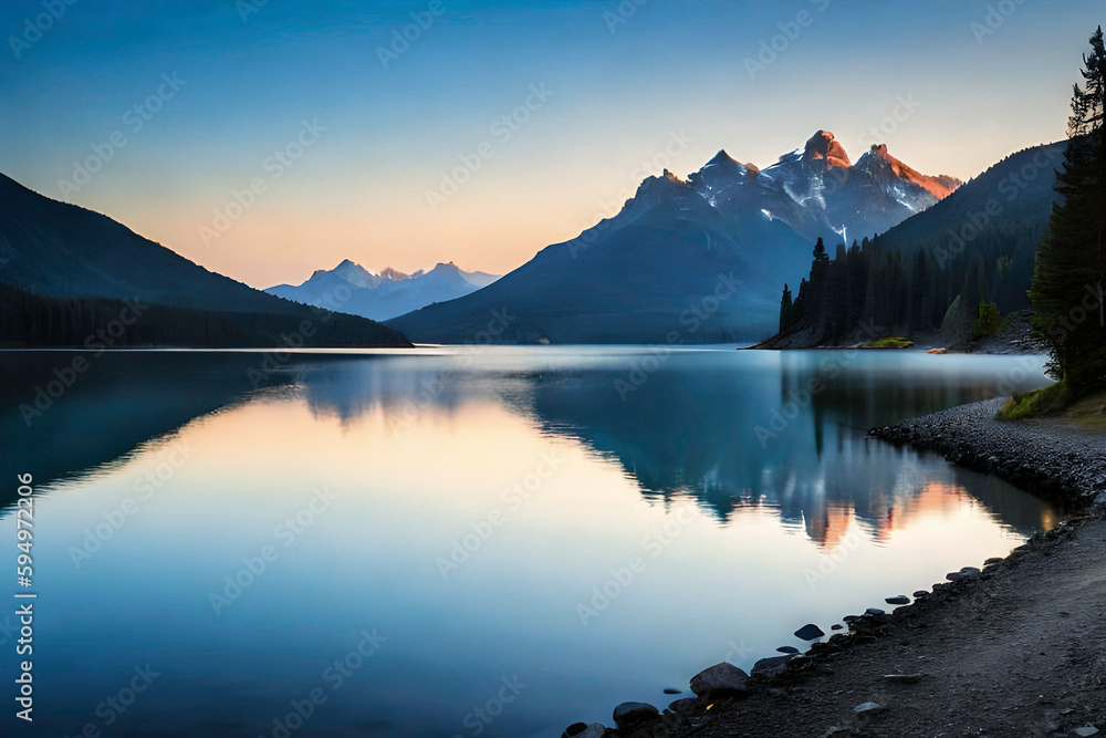 A peaceful mountain range and a lake reflected that mountain range