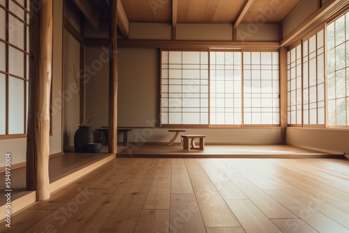 Minimal Muji style, Empty wooden room,Cleaning japandi room interior. Generative AI