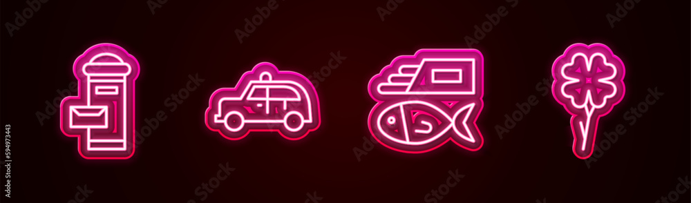 Set line London mail box, Taxi car, Fish and chips and Four leaf clover. Glowing neon icon. Vector Set line London mail box, Taxi car, Fish and chips and Four leaf clover. Glowing neon icon. Vector