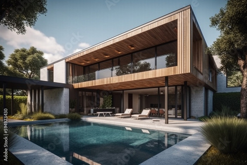 Design house - modern villa with open plan living and private bedroom wing. Large terrace with privacy and, swimming pool generative AI © Daniel
