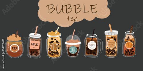 Set ofdrinks, bubble tea. Vector illustration.