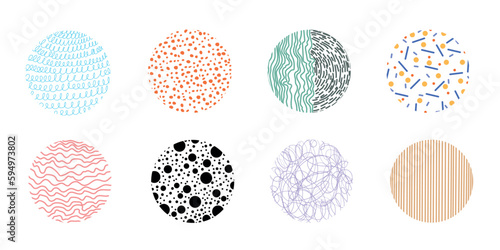 Set of round abstract colorful backgrounds or patterns. Drawn doodle shapes. Spots, drops, curves, lines. Modern modern fashion vector illustration. Posters, icon templates for social networks
