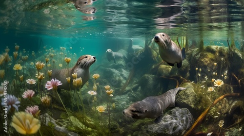 A group of playful otters swimming and frolicking Generative AI