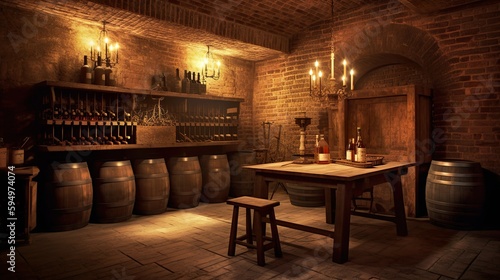 A beautifully lit photograph of an atmospheric wine cellar, generative Ai