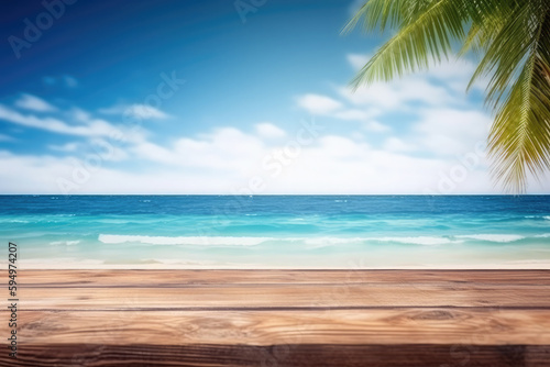 background with empty wooden planks with defocused palm trees and sea product placement. summer concept. Ai generative © chandlervid85