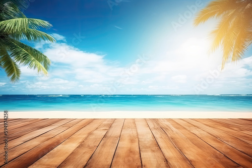 background with empty wooden planks with defocused palm trees and sea product placement. summer concept. Ai generative