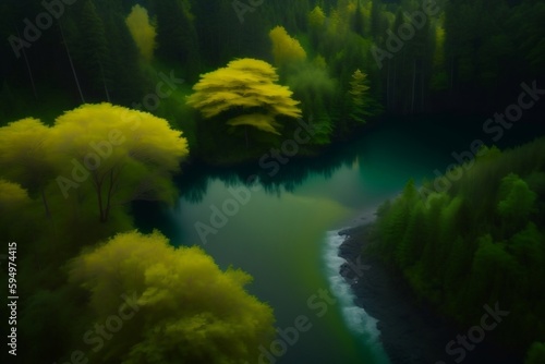 The drone shot captured the serenity of the forest, with only the sounds of nature to be heard Generative AI.