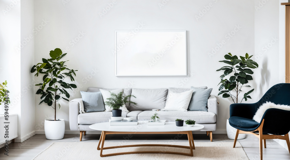 Mockup canvas frame on the wall.  Scandinavian living room with a big template of a painting picture on the wall . Simple design with natural materials and neutral colors. 3d rendering. - obrazy, fototapety, plakaty 