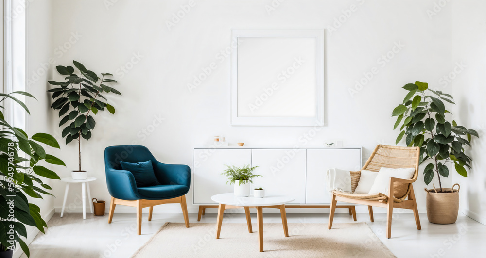 Mockup poster frame on the wall.  Scandinavian living room with a big template of a picture on the wall would feature a clean, simple design with natural materials and neutral colors. 3d rendering. - obrazy, fototapety, plakaty 