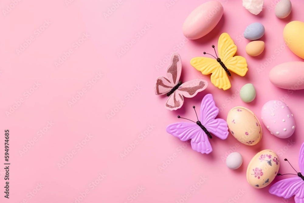 cute decorated erflies in form of easter candy on pink background. Generative AI