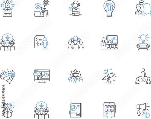 Experimental launch line icons collection. Inception, Prototype, Piering, Trailblazing, Adventurous, Bold, Groundbreaking vector and linear illustration. Ingenious,Unique,Innovative outline signs set