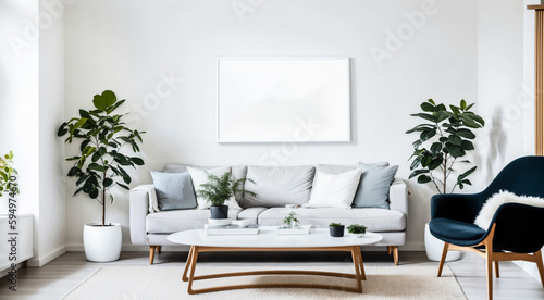 Mockup canvas frame on the wall.  Scandinavian living room with a big template of a painting picture on the wall . Simple design with natural materials and neutral colors. 3d rendering.