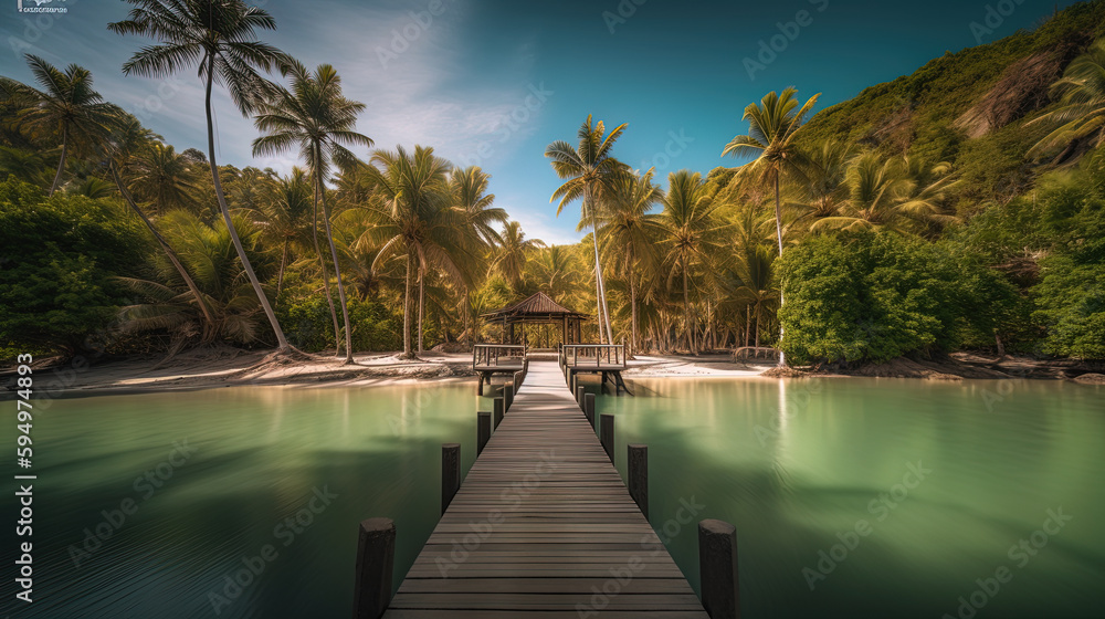 Wooden bridge over the water of tropical oasis on an island
