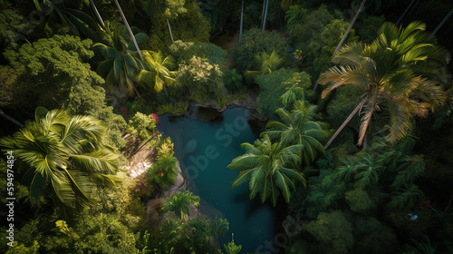 Aerial view of tropical jungle and a water oasis