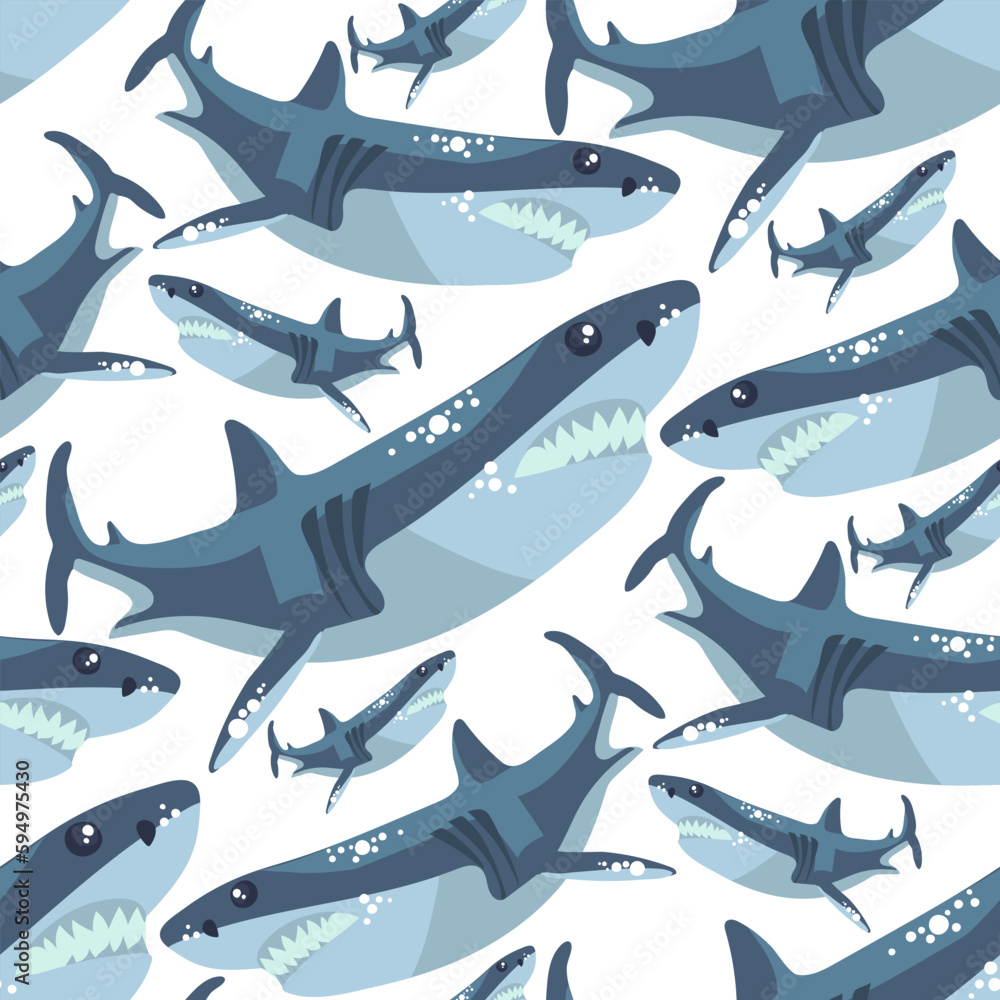 Vector print with seamless shark pattern. Sharks swim in different directions. Cute toothy