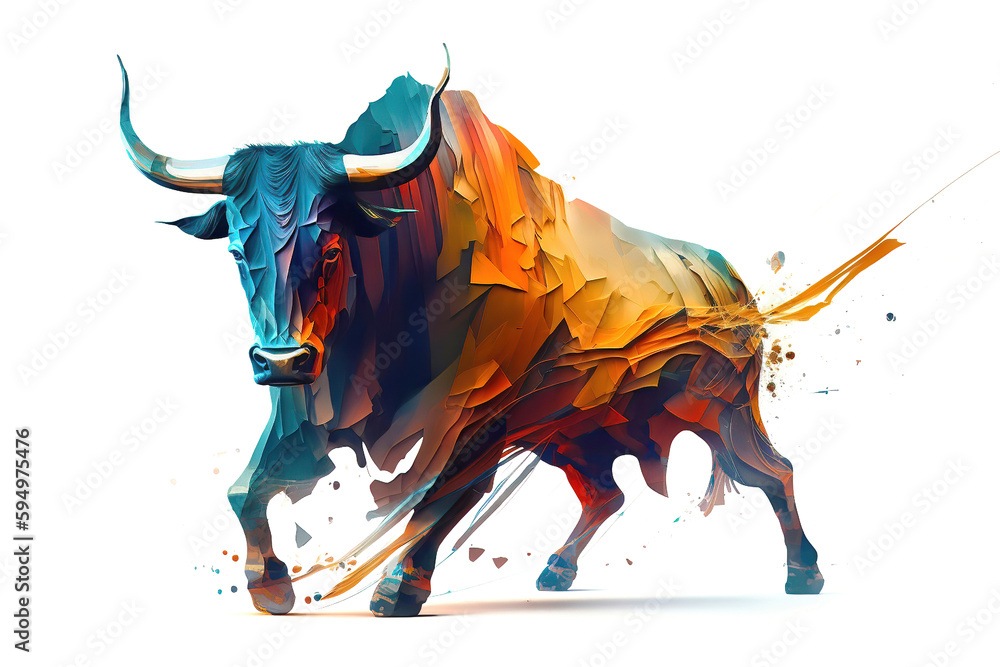 Abstract watercolor bull isolated on white, fantasy, generative AI