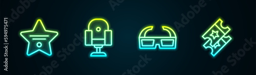 Set line Walk of fame star, Director movie chair, 3D cinema glasses and Cinema ticket. Glowing neon icon. Vector