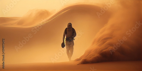 A lone man walking through a vast desert during a sandstorm. Generative AI