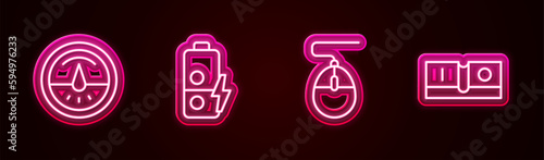 Set line Electric meter, Battery charge, Computer mouse and light switch. Glowing neon icon. Vector