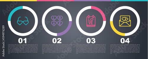 Set line Heart shaped love glasses, Love text, Calendar with February 14 and Envelope Valentine heart. Business infographic template. Vector