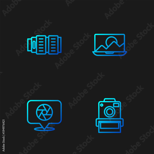 Set line Photo camera, Camera shutter, photo lens and retouching. Gradient color icons. Vector