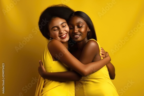 Two friends hugging, Lesbian women in love. LGBTQ+ month pride  celebration generate ai photo