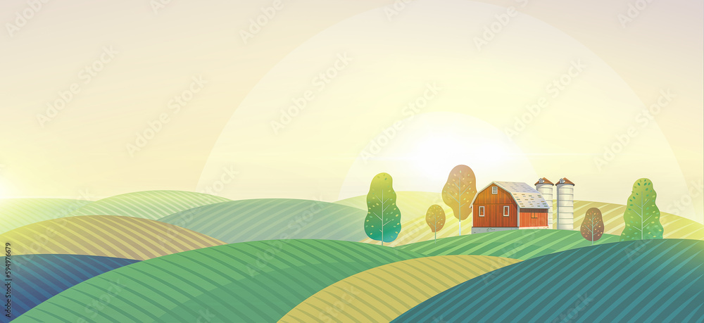 Rural landscape with a farm on a hill, and agricultural fields. Raster illustration. Rural landscape with a farm on a hill, and agricultural fields. Raster illustration.