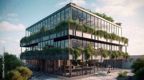 Modern office building with a glass facade and greenery on the rooftop. Generative AI