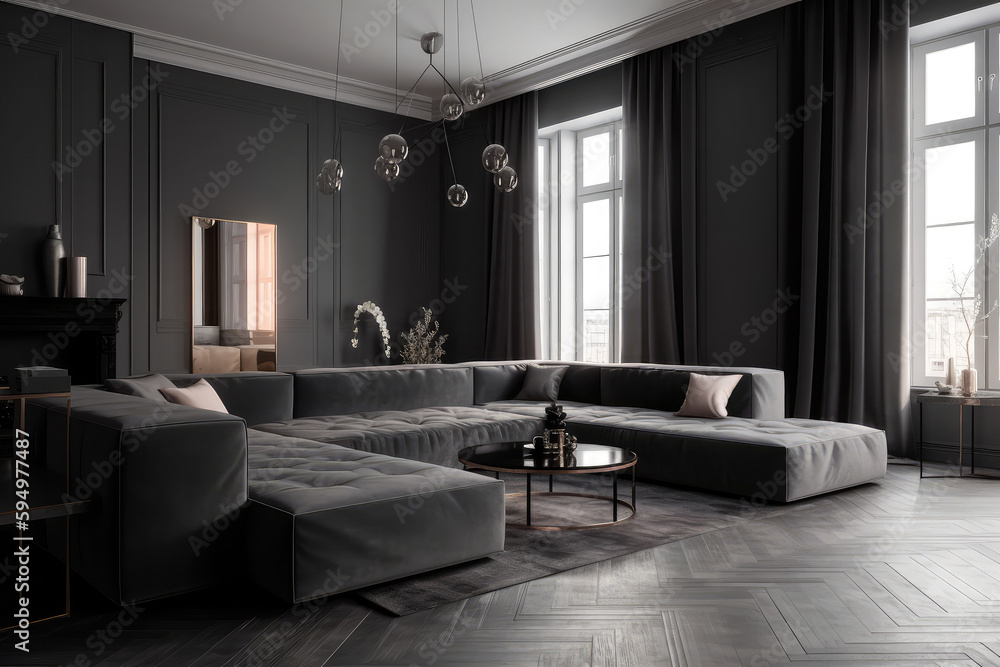 Gray and black living room. interior of a dark, empty room. Designs ...
