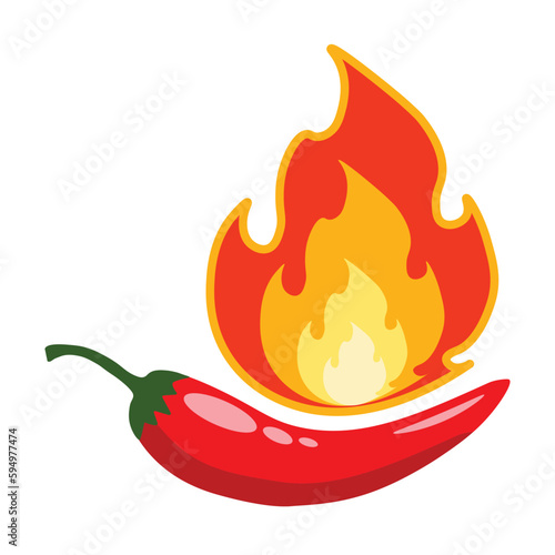 Hot red chili pepper with burning fire. Red pepper with fire isolated on white background, high quality vector. Illustration of food hot chilli pepper in flat style.