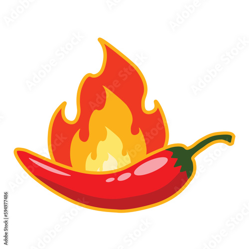 Hot red chili pepper with burning fire. Red pepper with fire isolated on white background, high quality vector. Illustration of food hot chilli pepper in flat style.
