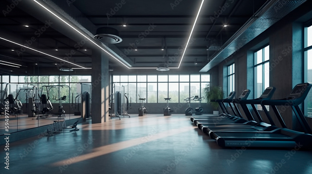 Contemporary spotless fitness gym center interio. Generative AI
