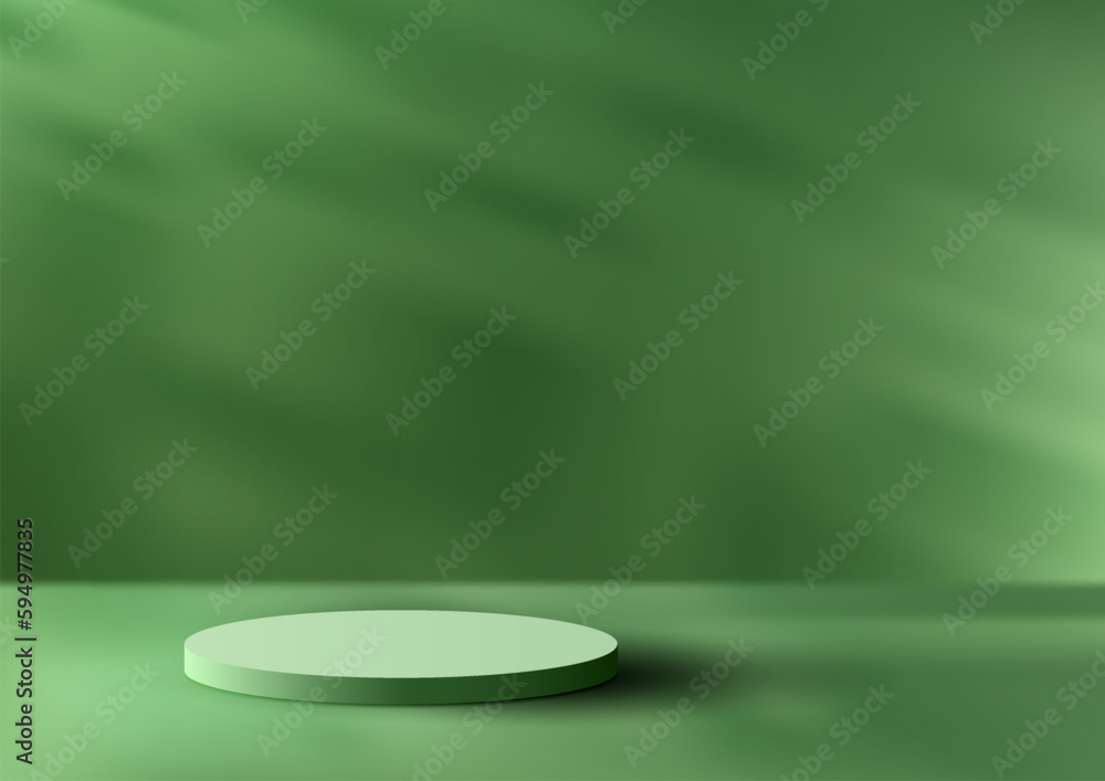 3D realistic empty green podium stand studio room background and leaf ...