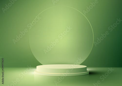 3D realistic modern green cylinder podium stand with circle transparent glass backdrop product display minimal wall scene on green background.