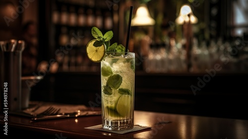 A classic mojito cocktail with mint leaves and lime, generative Ai