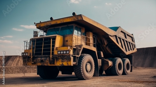 Open pit mine industry, big yellow mining truck for coal anthracite. Generative AI
