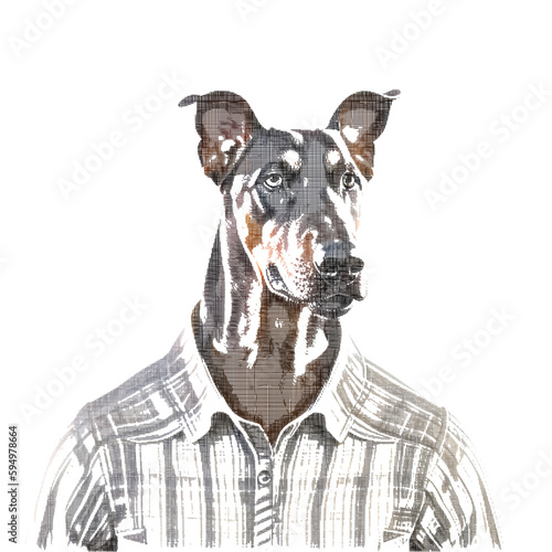 Portrait of a Doberman Pinscher wearing shirt. Anthropomorphic dog. Vector illustration. Crosshatch design.