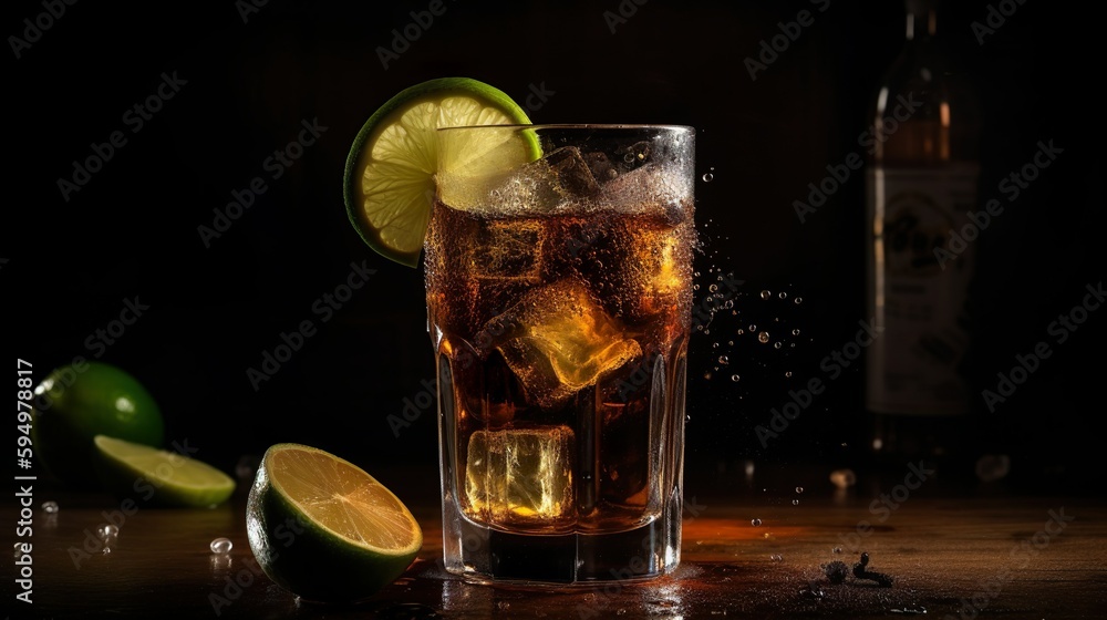 A cuba libre on a table in front of a black smoky background, generative Ai A cuba libre on a table in front of a black smoky background, generative Ai