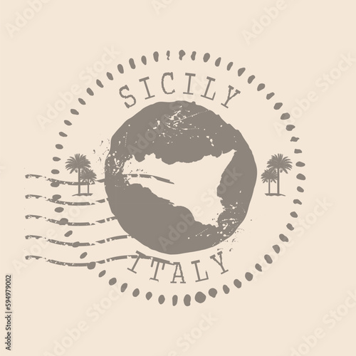 Stamp Postal of Sicily. Map Silhouette rubber Seal.  Design Retro Travel. Seal  Map of Sicily grunge  for your design. Italy. EPS10