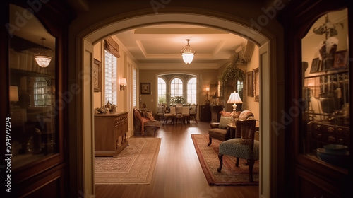 View through Rooms on Main Floor of Traditional Home. Generative AI