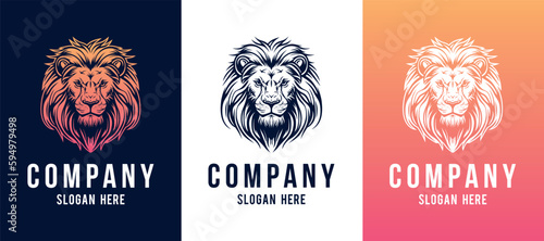 Lion head logo template design line art vector illustration isolated on white and dark backgrounds. Lion face with mane hair brand identity logotype design.