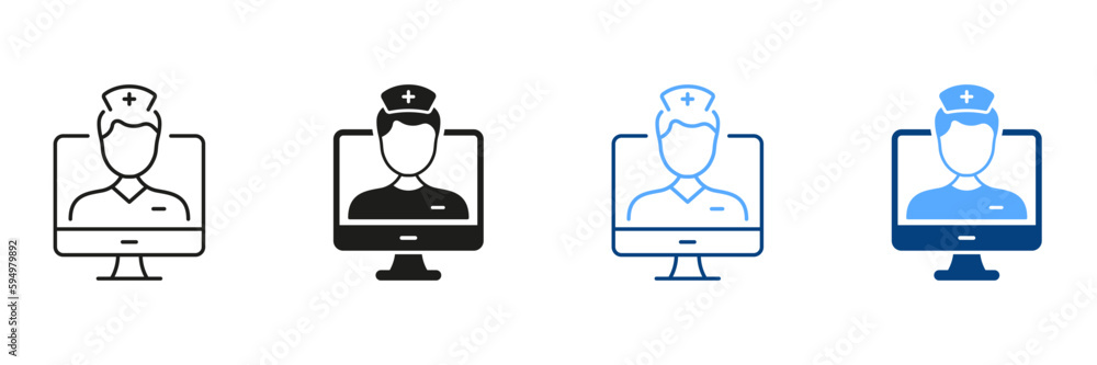 Telemedicine and Healthcare Sign. Video Medical Service Line and Silhouette Icon Set. Virtual Doctor Pictogram. Physician Consultation Black and Color Symbol Collection. Isolated Vector Illustration