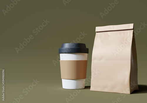 Coffee cup and paper bag brown background 3d render