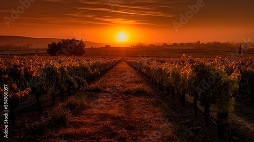 Vineyards at sunset. Generative AI