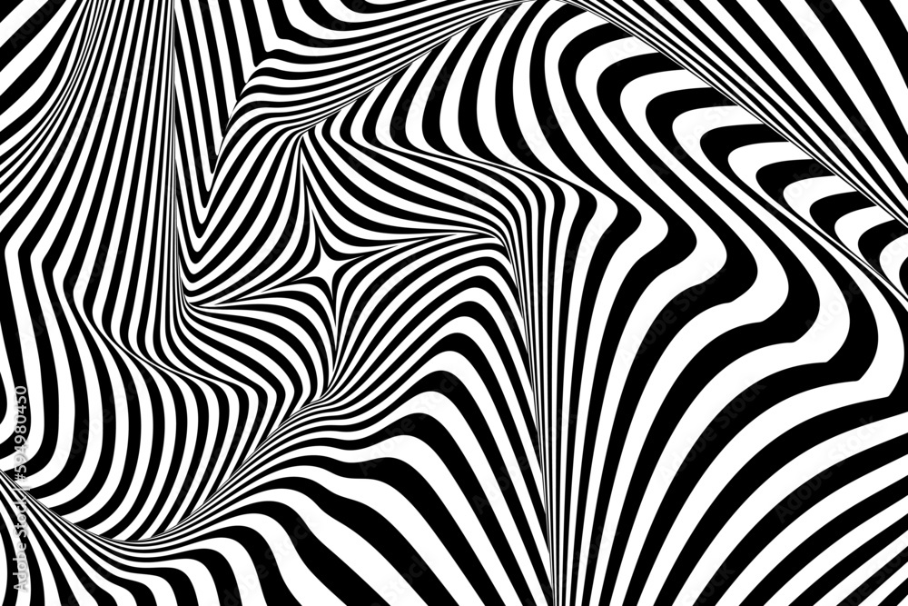 Optical Art with Twist Striped. Background Abstract Line Black and White Color. Swirl Hypnotic Pattern. Vector illustration.