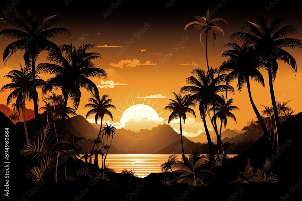 picturesque tropical sunset with palm trees and majestic mountains. Generative AI
