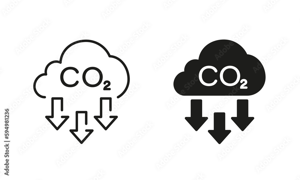 Reduction Greenhouse CO2 with Cloud Emission Line and Silhouette Icon Set. Carbon Dioxide Pollution in Air. Atmosphere Contamination Symbol Collection. Isolated Vector Illustration