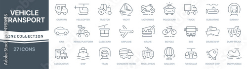 Vehicle and transport linear signed icon collection. Signed thin line icons collection. Set of vehicle and transport simple outline icons